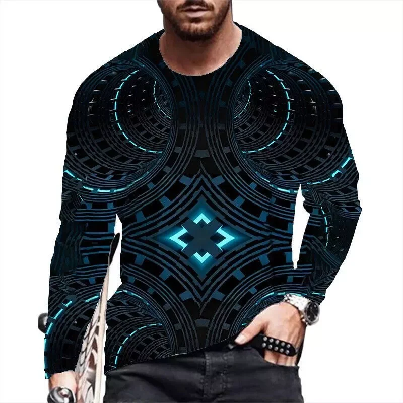 Men's T-Shirt Cool 3D Geometric Digital Print Fashion Classics O-Neck Funny T Shirts Tops Casual Long Sleeves Gym Clothing Men