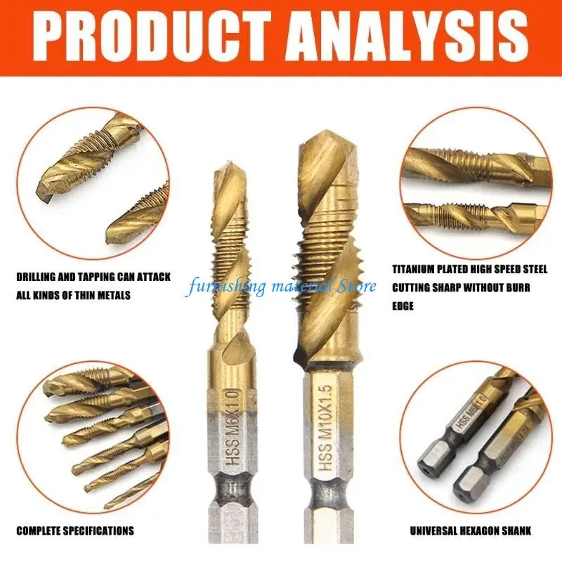 

Y5GD 6Pcs Screw Tap Drill Bits Taps Countersink Set Combination Bit Set For Metal