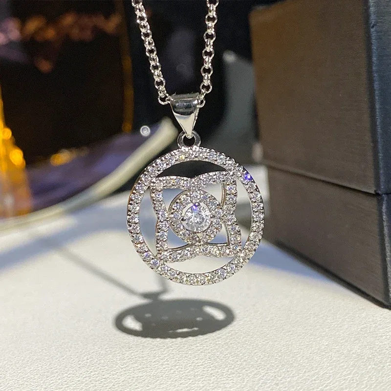 

MDLFES Moiss1n Diamond Style Four Leaf Clover Pendant Sterling Silver Plated Geometric Full Diamond Premium Chain