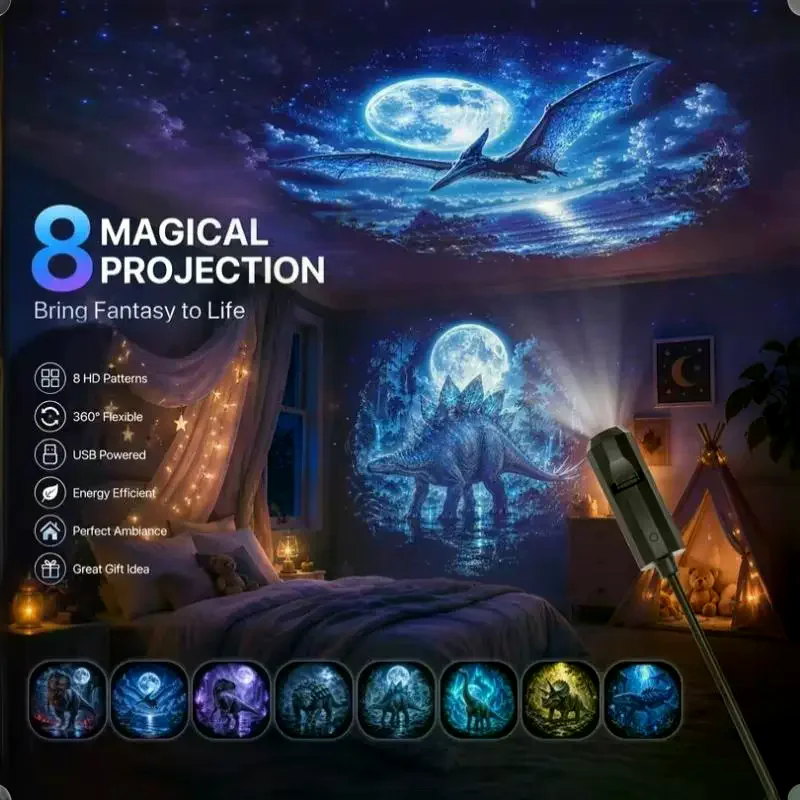 Dinosaur-Themed USB Projection Light 360° Rotatable Night Light For Bedroom Ceiling Ambiance Decoration Creative