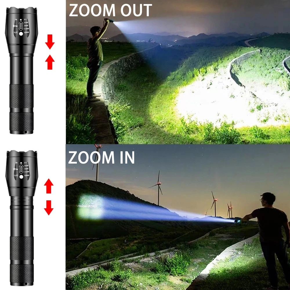 High Power Outdoor Led Flashlight 5 Lighting Modes  Aluminum Alloy Zoom Tactical Torch Use 18650 Battery Camping Emergency Lamp