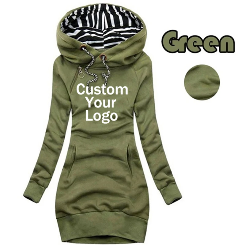 Custom LOGO Winter Women Hoodie Dress Striped Fashion Casual Hooded Dresses Spring Female Pullover Slimming Pockets Vestidos