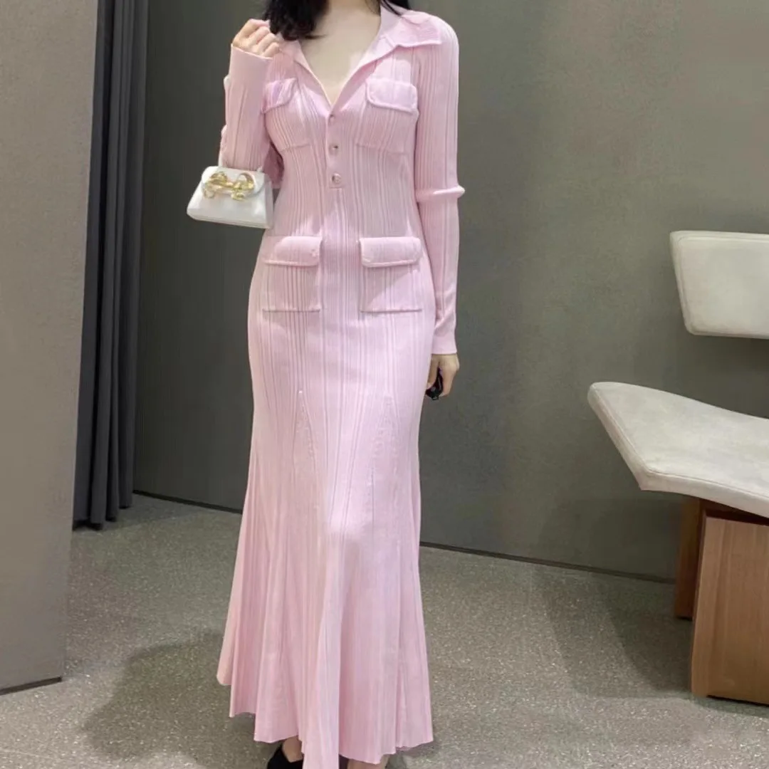 Pink dress fishtail skirt knitted inch shirt collar wrapped buttocks long elegant knitted dress for women's autumn 24 new model