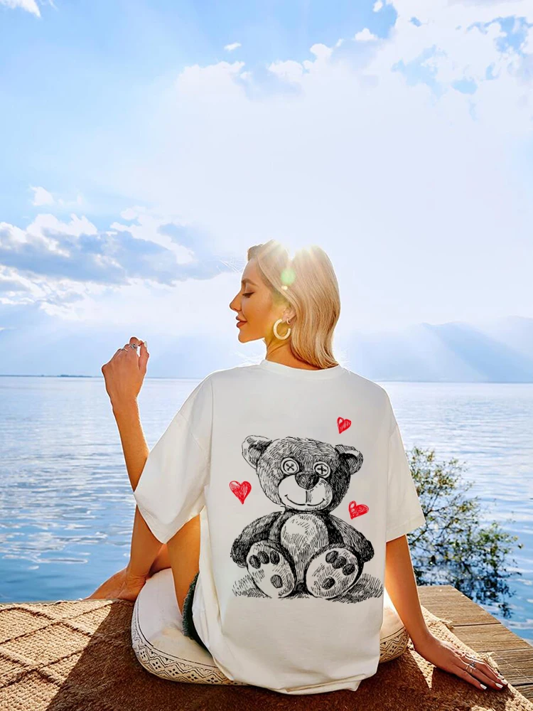 Ragdoll LOVE Teddy Bear Cartoons Print T-Shirts Female Harajuku Street Tee Clothes Casual Cotton Brand Tops Oversized Streetwear