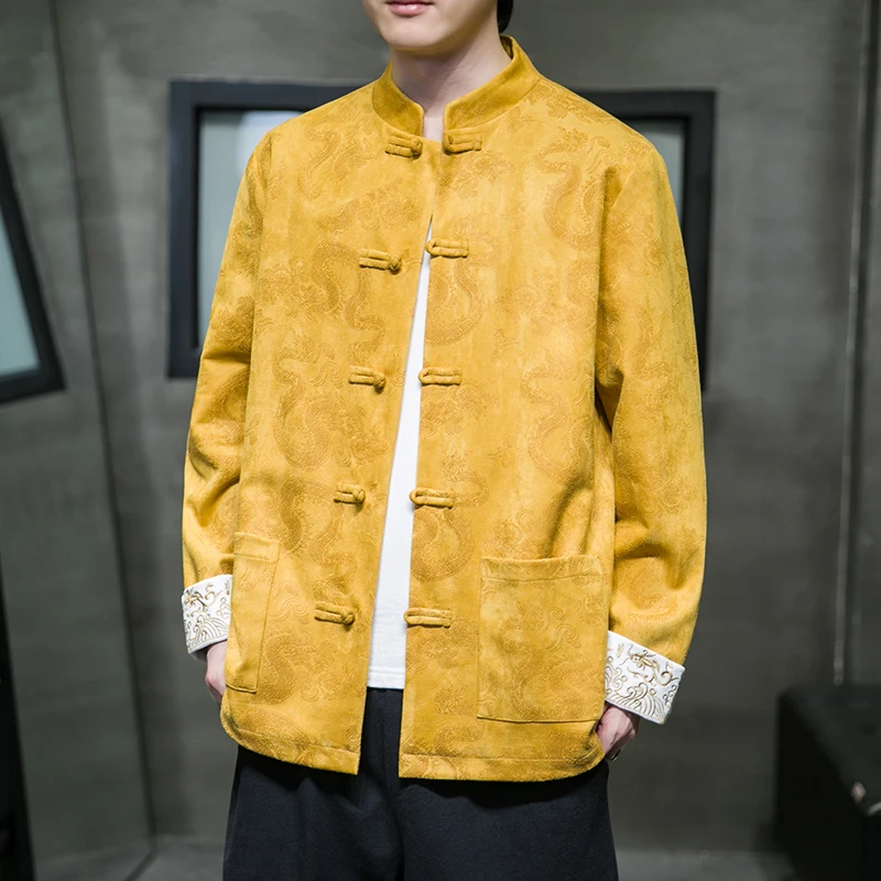Jaqueta de camurça rosa masculina primavera outono retro estilo chinês bordado casaco maoista juventude ular manga longa s...