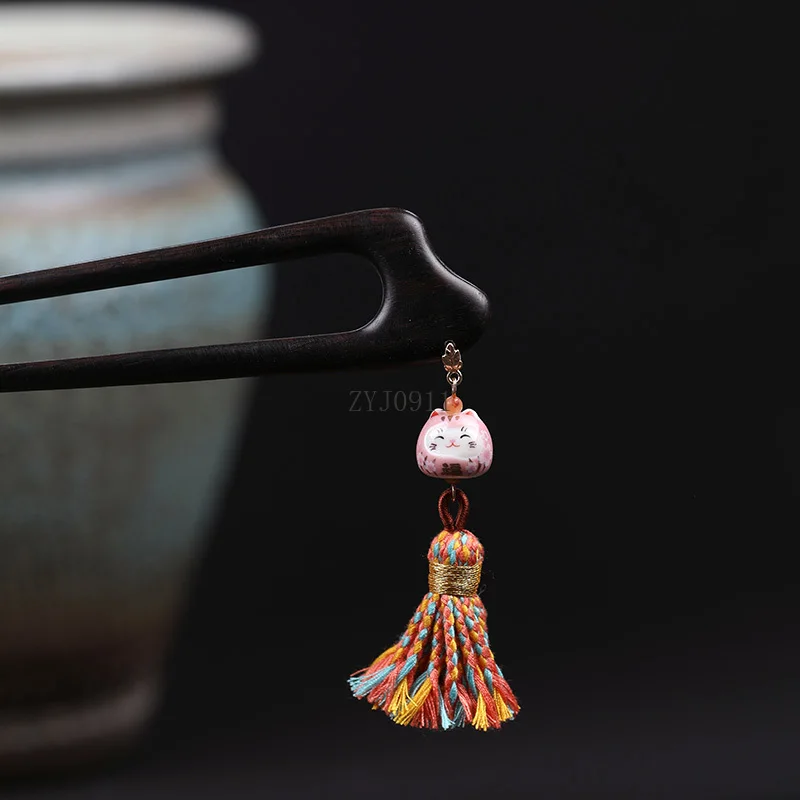 Двойная заколка для волос U-образной формы из черного дерева. Керамическая маленькая заколка для ушей. Милая двухниточная заколка для волос с мультяшным рисунком.