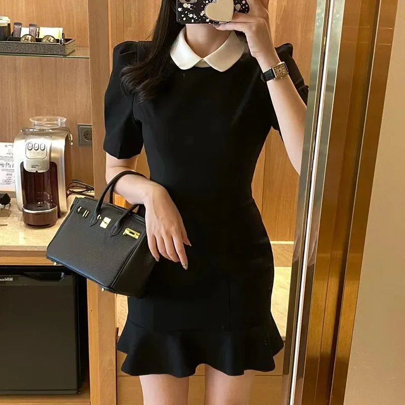 2024 Spring Elegant Vestidos Lapel Contrast Color Stitching Puff Sleeves Robes Slim Waist Package Hip Mermaid Dress Women