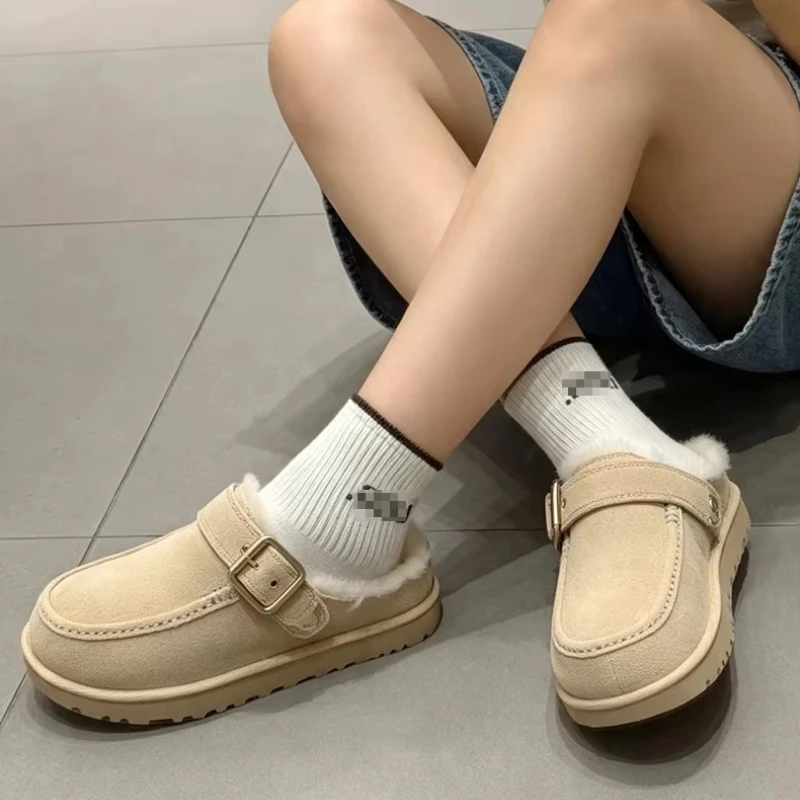 Women Casual Sheepskin Leather Slippers 2027 Winter Warm Thick Sole Retro Buckle Fur Lining Cotton Shoes Brown Woman Shoes