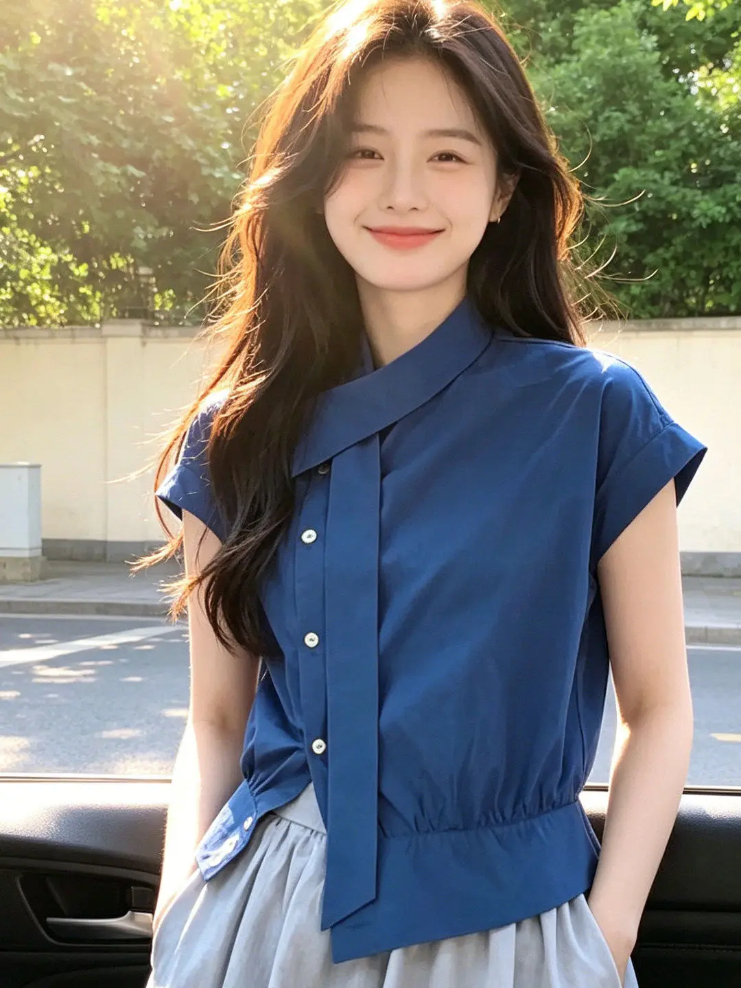 

Blue Korean Style Short Sleeve Shirt Women's Summer Design Sense Slimming Waist Design Small Flying Sleeve Top Asymmetrical