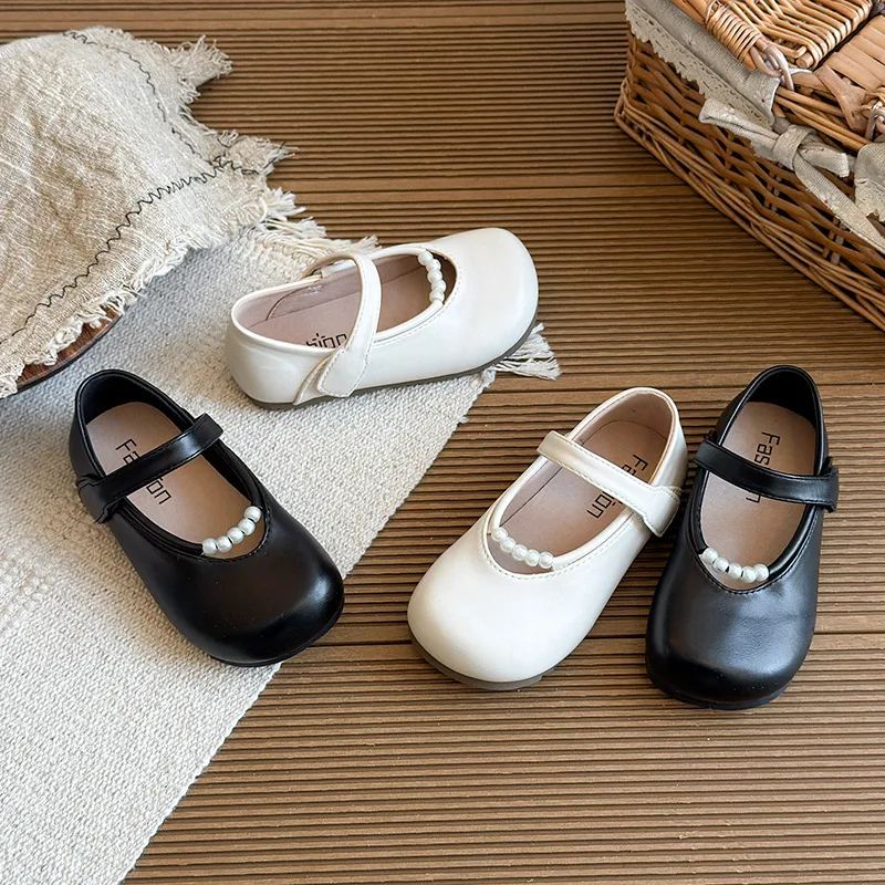 Kids'Casual Shoes PU Leather Autumn Pearl Fashion Outdoor Soft Bottom Shoes For Girls Breathable Anti-slip White Black Shoes