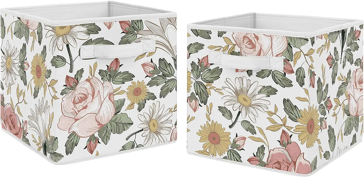 

Vintage Floral Boho Foldable Fabric Storage Cube Bins Set of 2 - Blush Pink, Yellow, Green, White