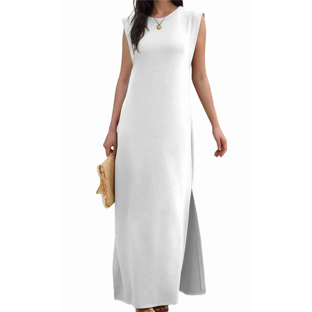 2025 Women Summer Round Neck Casual Loose Split Wrinkle-Free Long Maxi Vacation Dress with Pockets White M