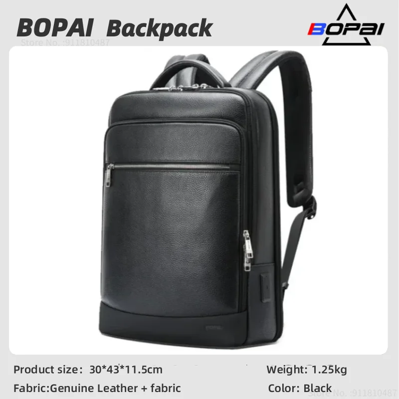 BOPAI 2023 Natural Cowskin 100% Genuine Leather Men\'s Backpack Fashion Tourist Large Capacity School Bag Leather Laptop Backpack