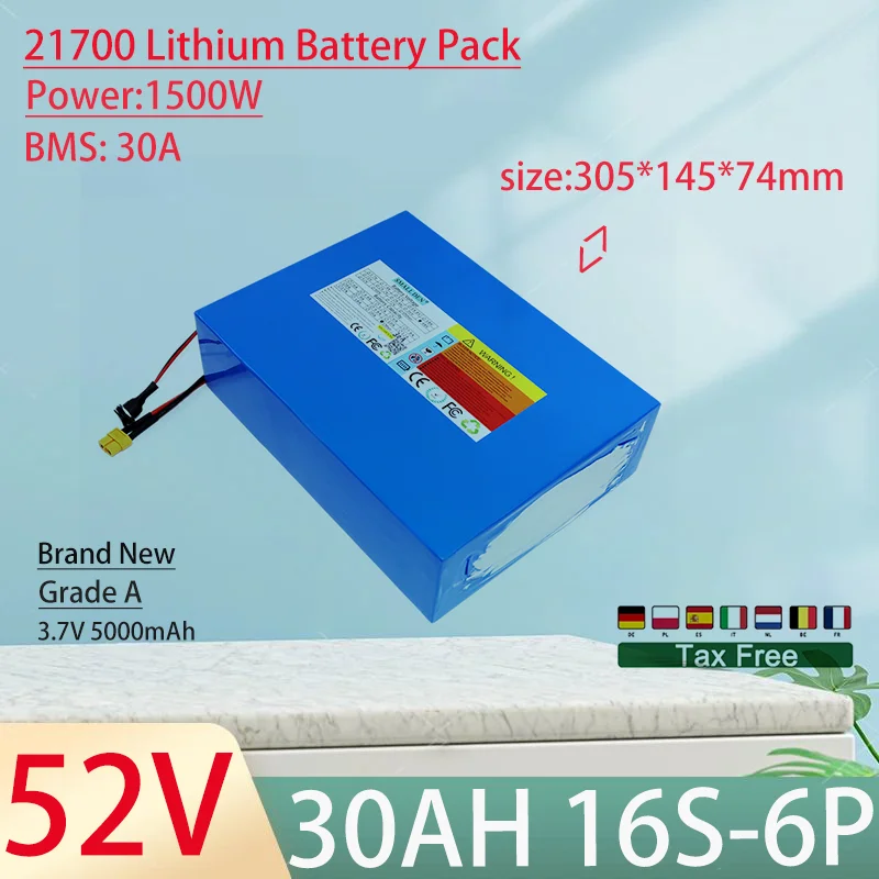 52V 30Ah 21700 14S6P Lithium Ion Battery Pack 1500W Power Tool Batteries Outdoor Backup Batteries With 30A BMS+58.8V 5A charger