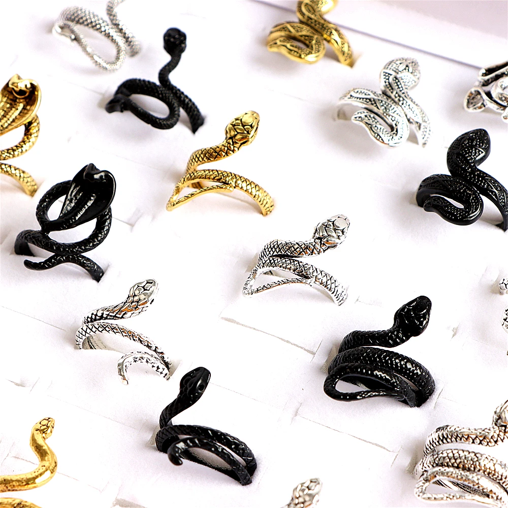 Wholesale 20/50 Pcs/Lot Retro Punk Antique Snake Adjustable Open Rings Jewelry For Womens Men Mix Style Siver Color Party Gifts