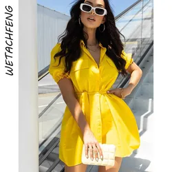 Women Dress 2022 Sexy Yellow Lace-Up Button Turn-down Collar Dresses Evening Party Beach Holiday Mini Vestidos Femme Clothes