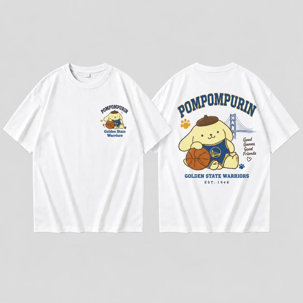 White T Shirt Parent Child Sanrio Pompompurin Basketball Golden State Cute Print Men's Women's Oversized Sporty Streetwear Top