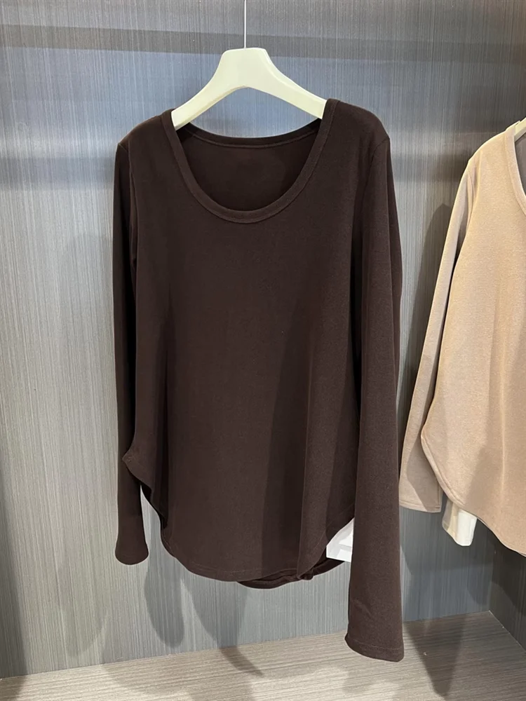 Slimming Effectiveness Casual Loose Long Sleeve round Neck T-Shirt Women's Inner Wear Coffee Color Irregular Style Autumn New