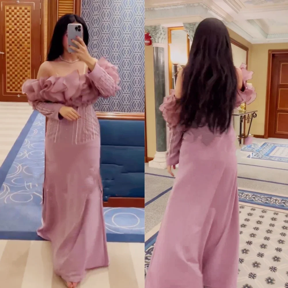 

Customized Jersey Beading Ruched Beach A-line Off-the-shoulder Bespoke Occasion Gown Long Dresses