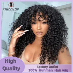 30 inch Water Wave Human Hair Wigs With Bangs Glueless Fringe Wig Kinky Curly Bob Wig with Bangs Full Machine Made Wig 180%