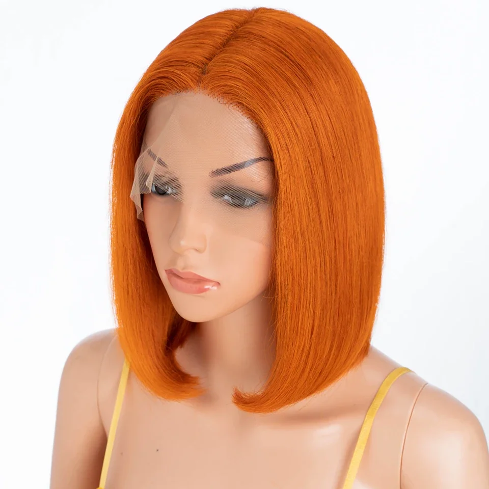 Perruque Lace Front Wig courte sans colle 14 pouces, cheveux synthétiques, pre-plucked, 180de densité, orange, pour femmes noires, avec cheveux de bébé