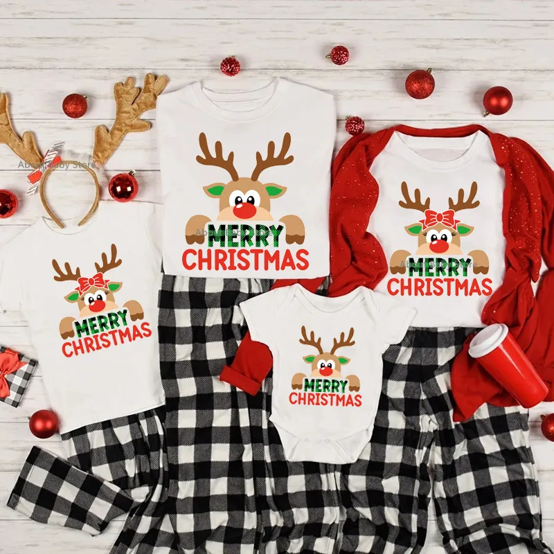 New Reindeer Merry Christmas Print Family Matching Shirts Cotton Look Dad Mom Kids Holiday Xmas T-shrits New Year\'s Outfits