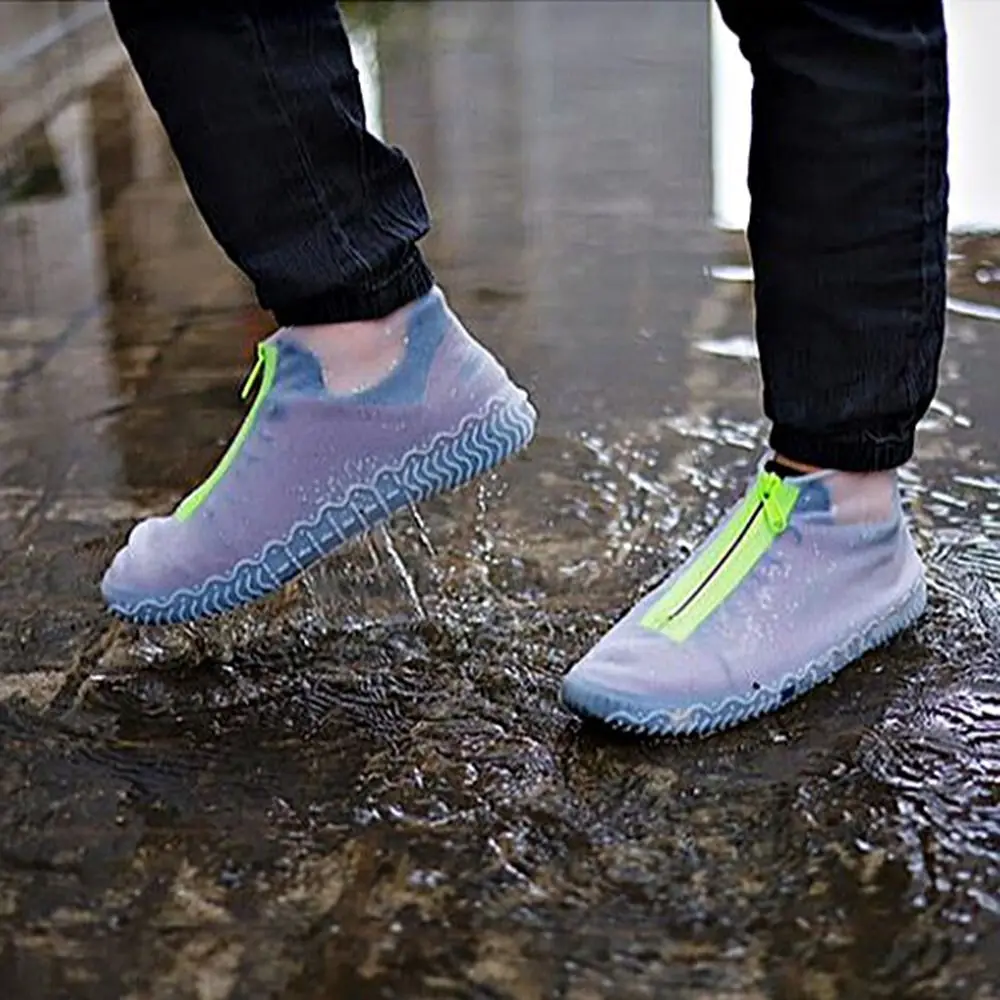 2Pcs Reusable Waterproof Shoe Cover Zipper Portable Non-Slip Rain Boots Thicken Easy On/Off Silicone Shoes Protective Cover