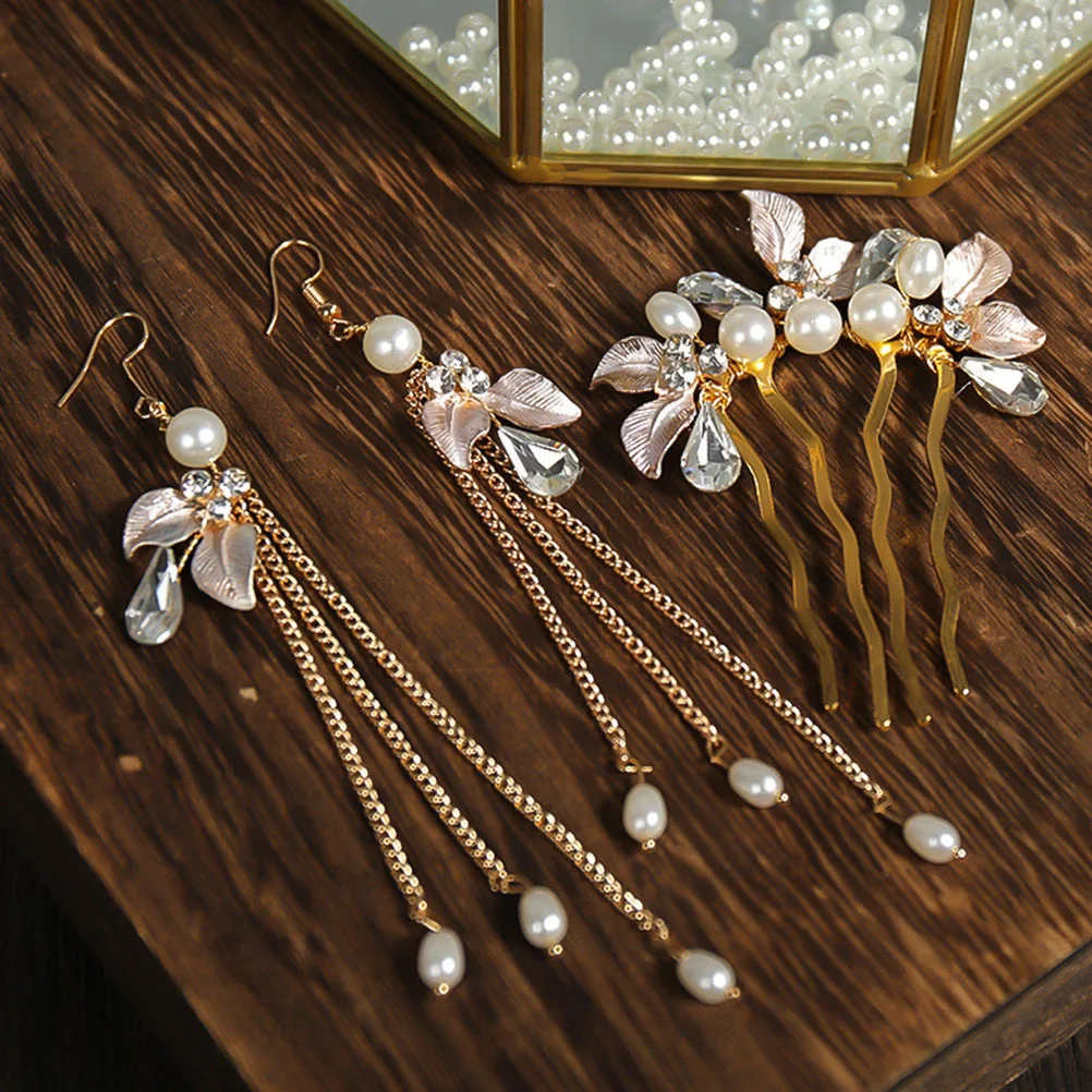 

3pcs Hair Accessories Set Leaf Rhinestone Comb Earring For Women Wedding Party Headdress Gift Hair Fork Stick Braiding Tool