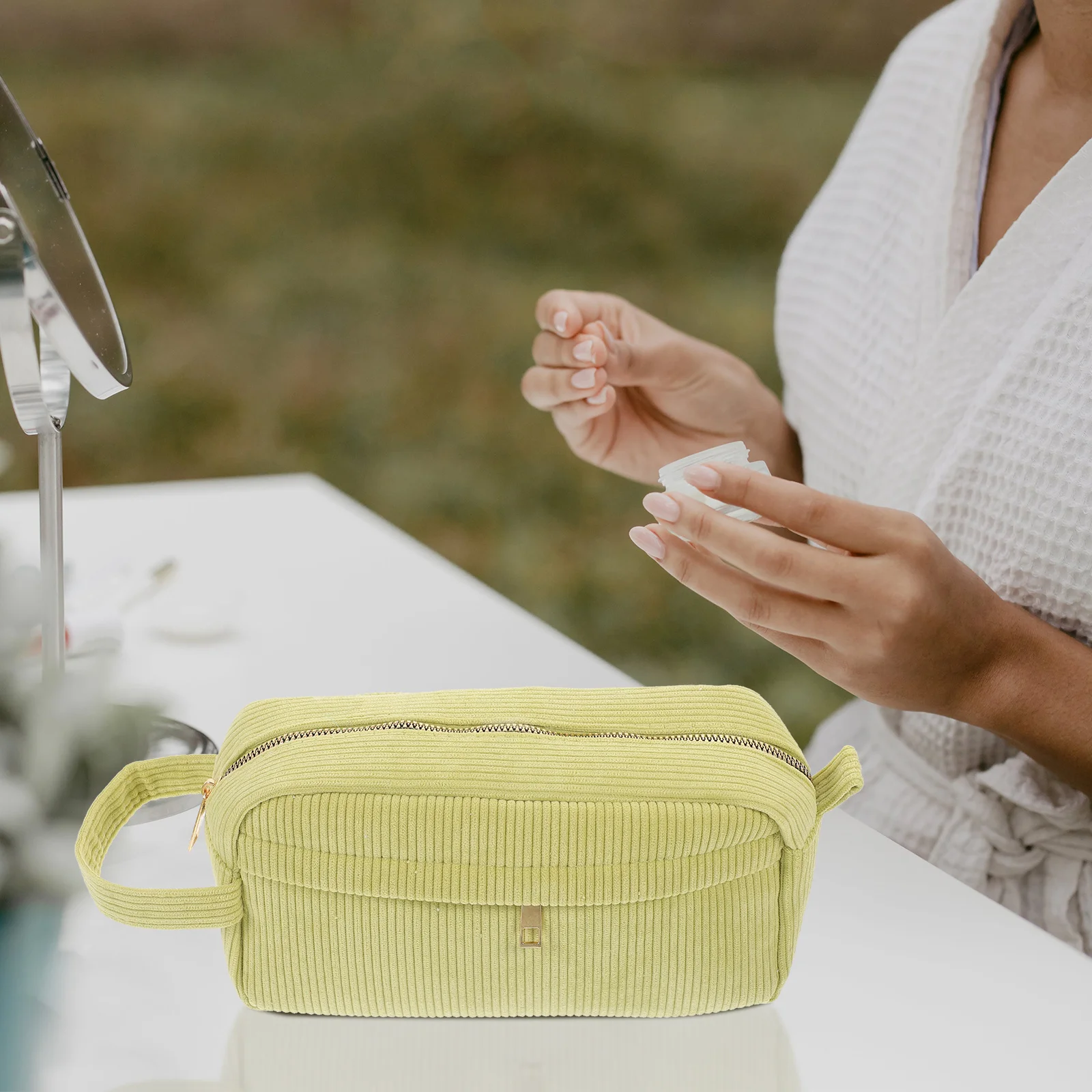 Bag Makeup Organizer Travel Toiletry Case Hand Bum Zippered Storage Green Corduroy