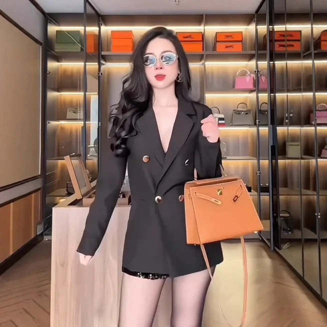 

Черный двубортный женский пиджак для офиса, модный дизайн в корейском стиле, стандартной толщины, из полиэстеровой ткани