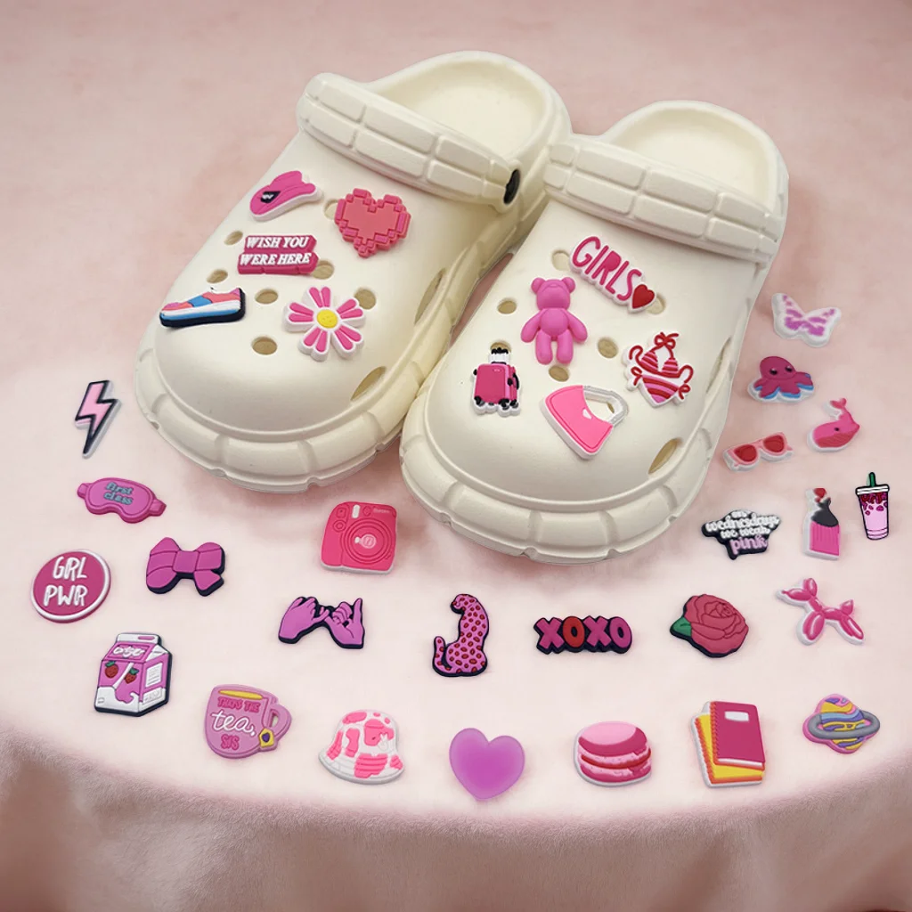 Hot Sales 34Pcs Pink Shoe Charms for Crocs Accessories Pin Shoe Wristband Croc Decorations Buckle Girls Women Party Gifts