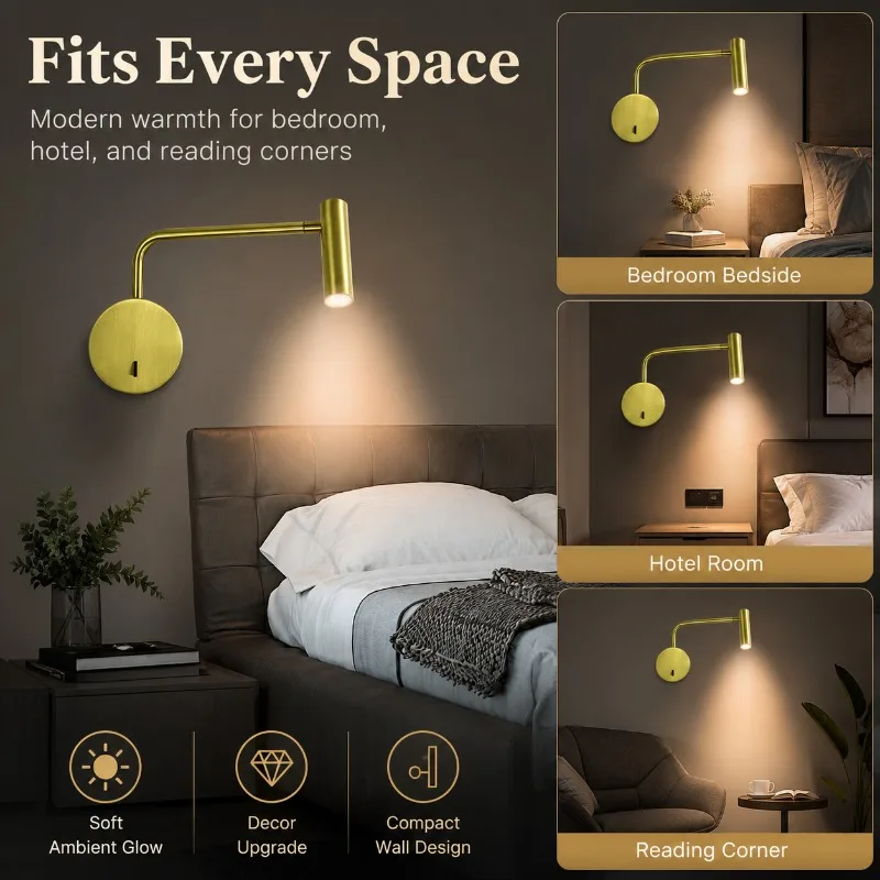 Modern Creative Minimalist Wall Lamp Circular Aluminum Golden Rotatable LED Reading Bedside Light for Hotel Bedroom Decor