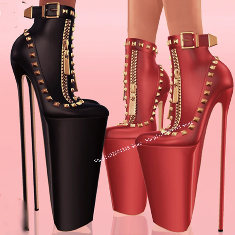 

Black Rivet Zipper Mid Calf Platform Boots Thin High Heel Pointed Toe Fashionable Sexy Winter 2024 Woman Shoes Zapatillas Mujer