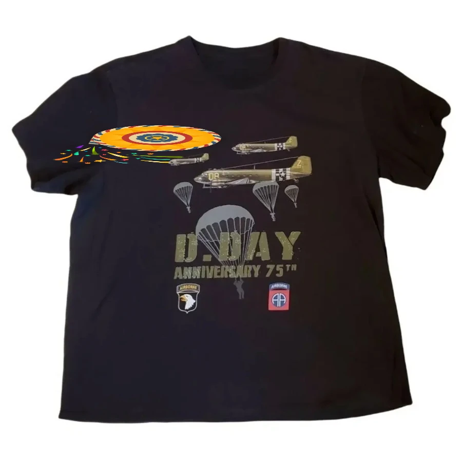 VTG 75th Anniversary D-Day Airborne 82nd 101st Bombers Paratroopers Men's 100% Cotton Casual T-shirts Loose Top Size S-3XL