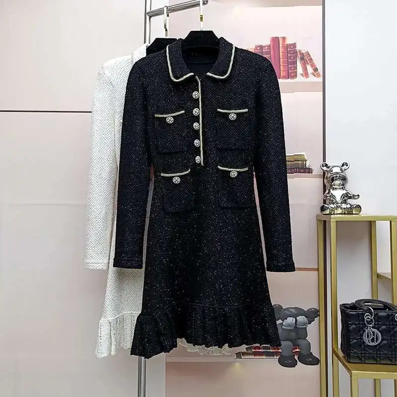 فساتين قصيرة محبوكة كريستالية فاخرة للنساء لربيع وخريف 2025 بأكمام طويلة وجيوب مطوي فساتين الحفلات المسائية