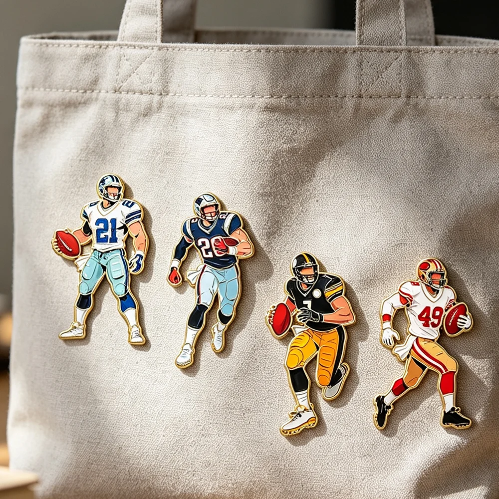 4Pcs Cool American Football Player Enamel Pins, Sports Character Lapel Brooches for Jackets Backpacks, Collectible Fan Gifts