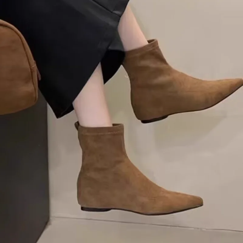 

Women Flats Pointed Toe Boots Sexy Suede Ankle Boots Designer 2025 New Winter Shoes Chelsea Elegant Party Woman Fashion Botas