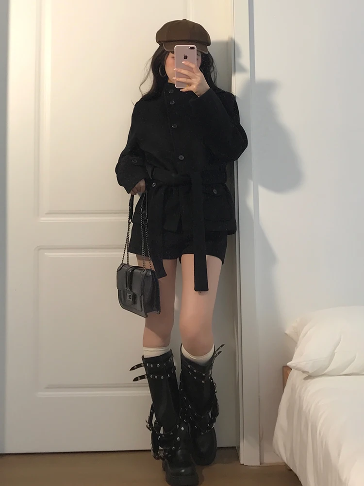 

Korean Sle Stand Collar ort Woolen Coat Women's Winter New Belt Waist Inward Cloak Polyester Fiber Long Sve Regular Le...