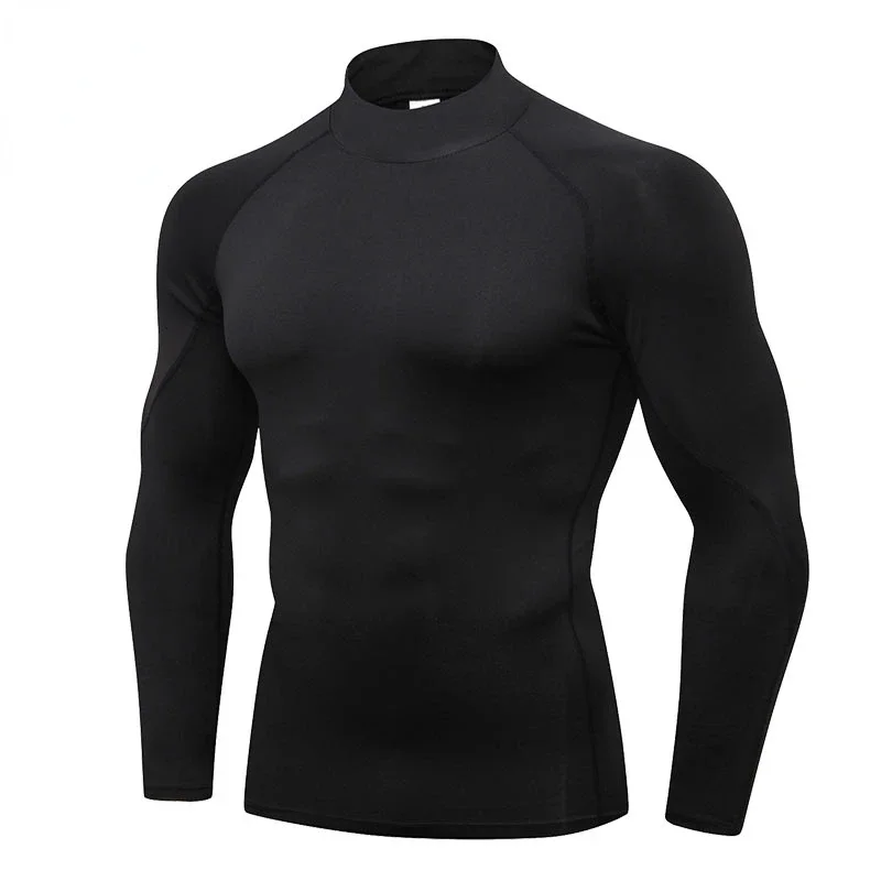 Ropa de gimnasio de terciopelo de invierno, top de secado rápido de baloncesto cálido de manga larga con cuello alto para hombre