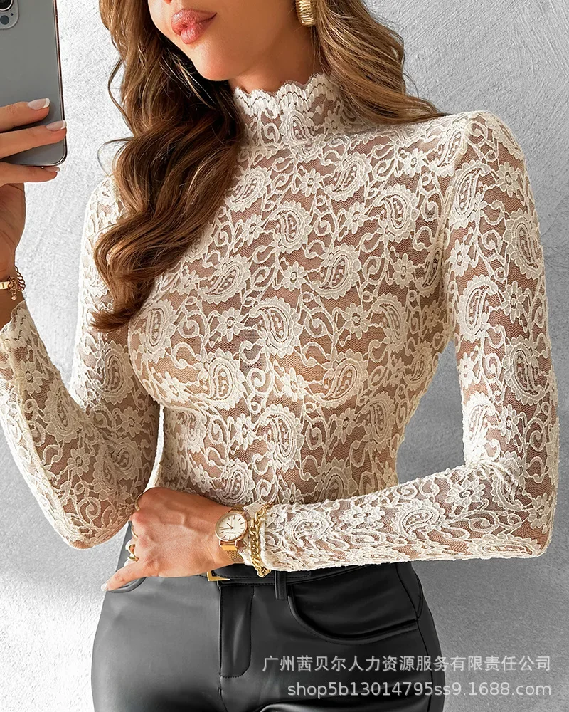 Lace Cashew Flower High-neck Slim-fit Top, Women\'s Spring/autumn New Microtransparent Pullover,Temperament Commuting Base Shirt