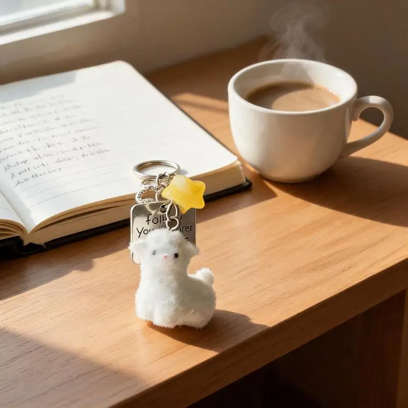 Cute Fluffy White Sheep Keychain With Yellow Star Charm Silver Inspirational Tag Perfect For Bag Key Decoration Gift For Girls