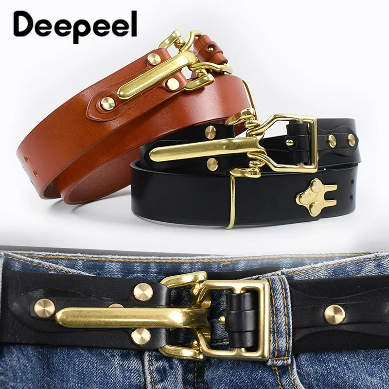 Deepeel 3.8*110-125cm Men's Cowskin Belt Brass Pin Buckle Waistband for Jeans Pants DIY Handmade Genuine Leather Knight Belts