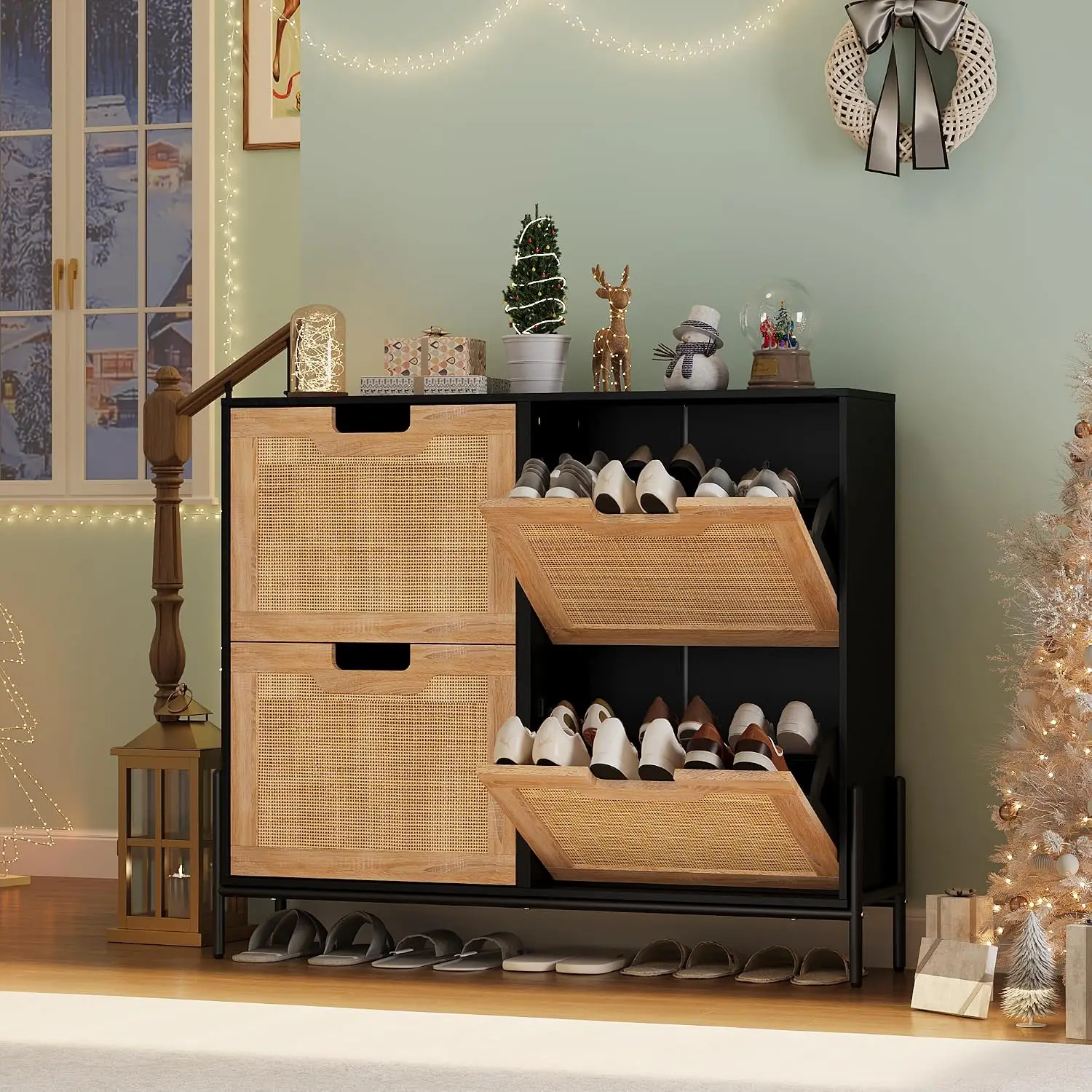 Natural Rattan Shoe Cabinet 4 Flip Doors Freestanding 3-Tier Adjustable Shelves Entryway Hallway Storage, Customized