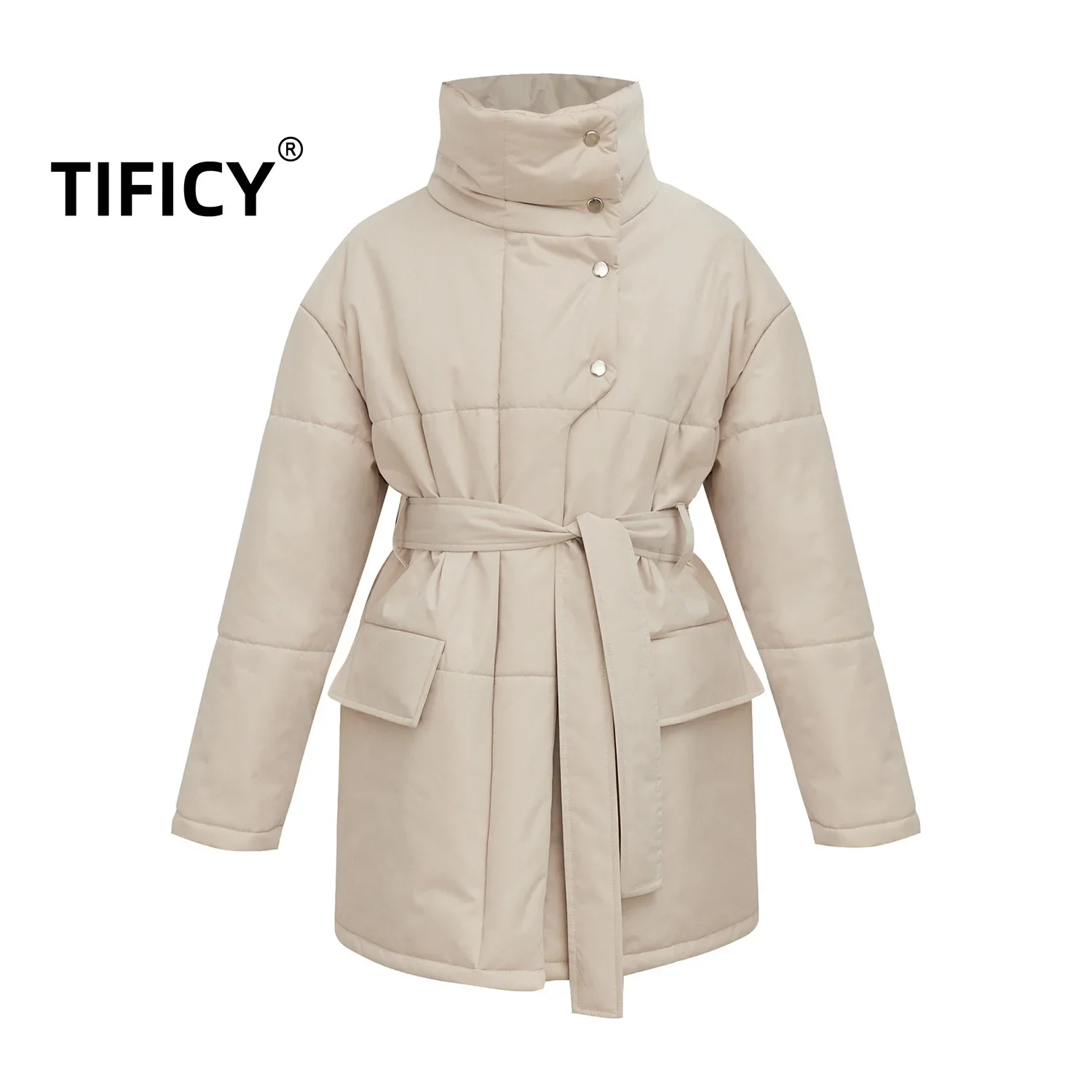 Standing Collar Padded Jacket Women\'s Irregular Buttons and Waistband Autumn and Winter Temperament Medium Length Parkas