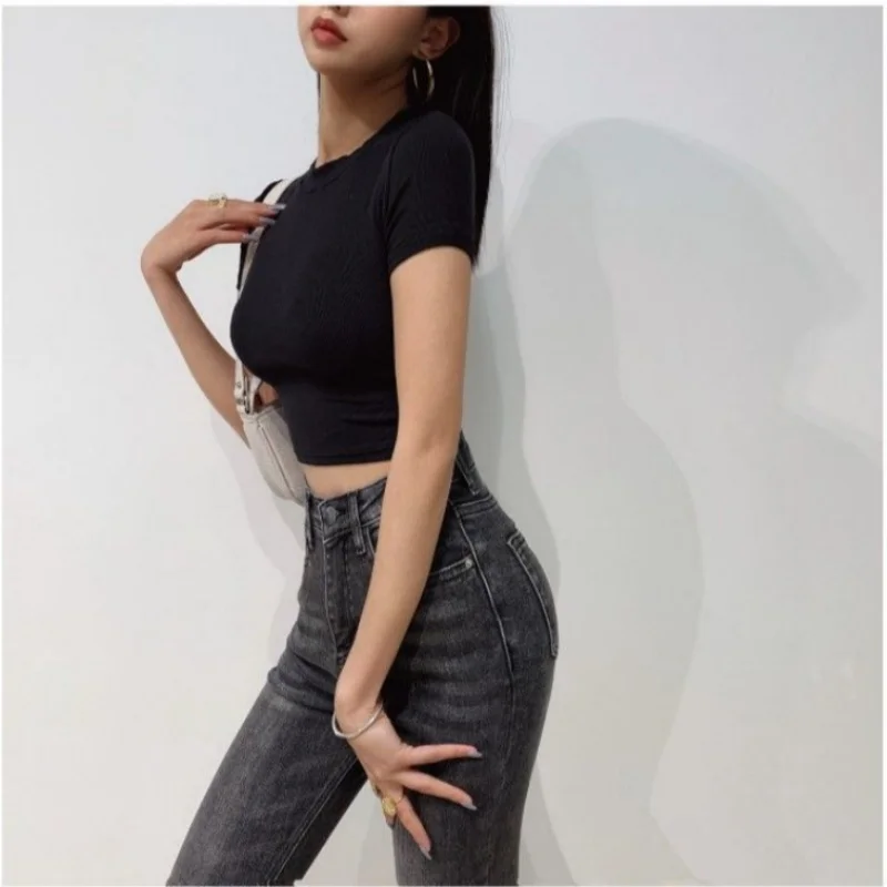 Camisetas Cortas de Cuello Redondo para Mujer, Sexy y Ajustadas, Estilo Vintage, Deportivas, Lisas, para Gimnasio, Ropa Barata, Camisetas Kpop