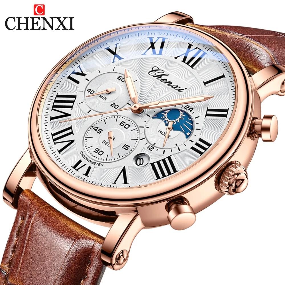 CHENXI Fashion Business Mens Watches Top Luxury Quartz Watch Auto Date Chronograph Men Leather Waterproof Wristwatch