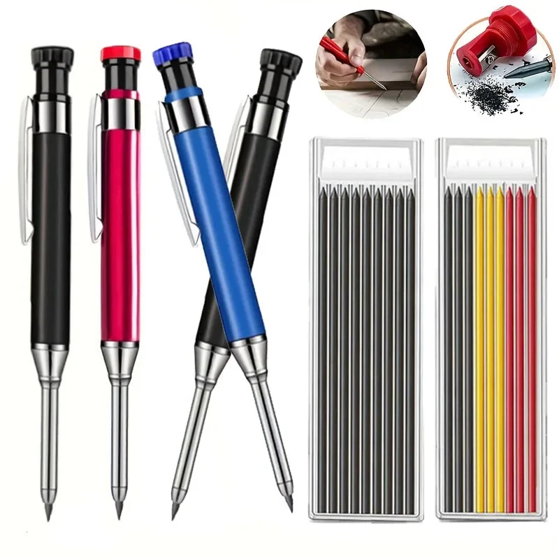 3 Colors All Metal 2.8mm Woodworking Mechanical Pencil with Sharpener Black Yellow Red 2B Lead Marking Engineering Drawing Tools