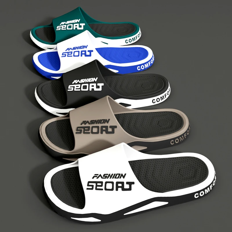 Trend Letter Contrast Color Design Men's Slippers Summer Outdoor Non-slip Wear-resistant Thick Soft Bottom Indoor Home Slippers