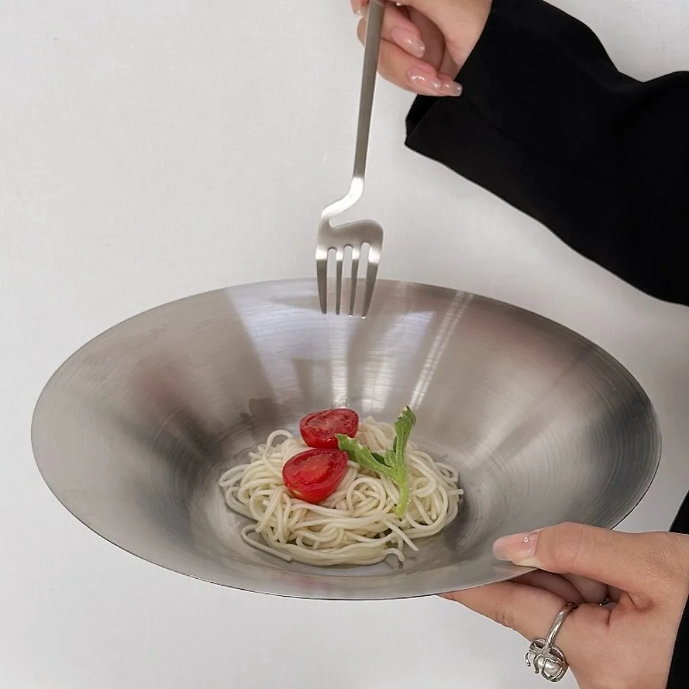 Noodles Bowl 304 Stainless Steel Korean Salad Bowl Deepened Rust-proof Fruit Dish Stackable Round Pasta Plate Snack