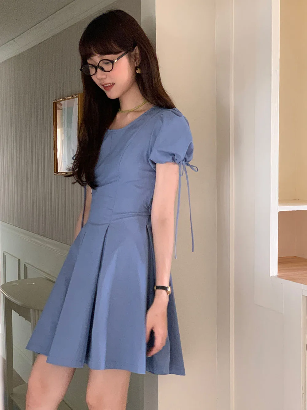 Vestido de manga bufante com cintura elástica e cadarço estilo coreano, vestido elegante feminino